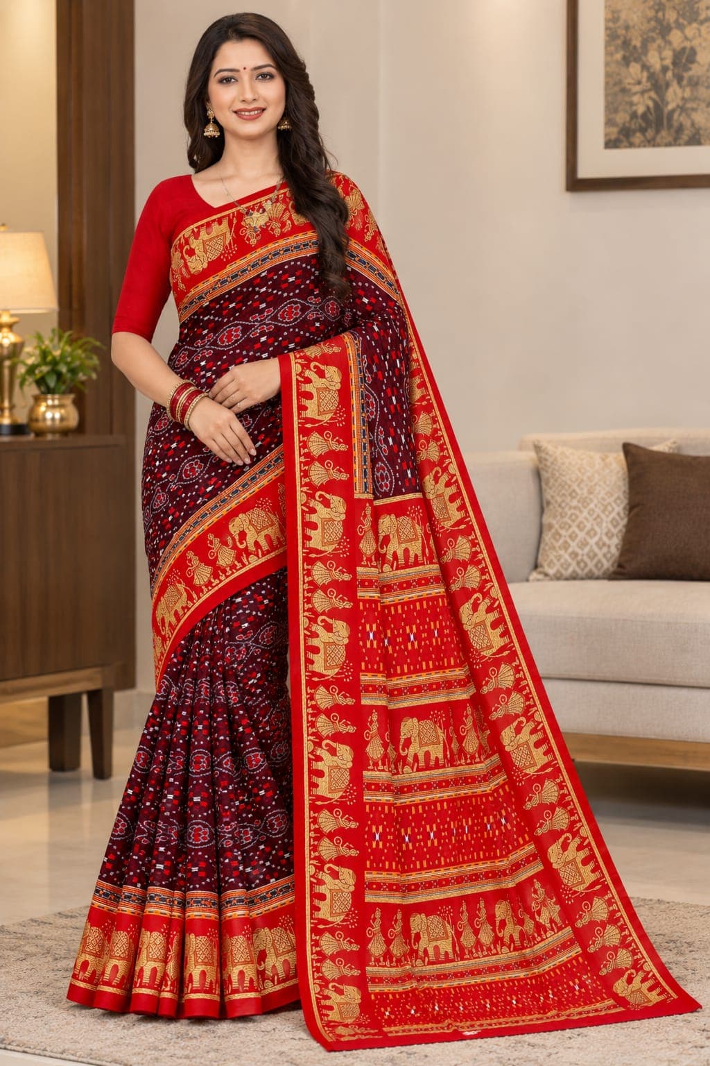 Woman wearing a red Odisha saree